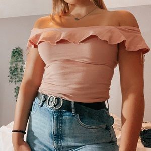 Pink body suit off the shoulder